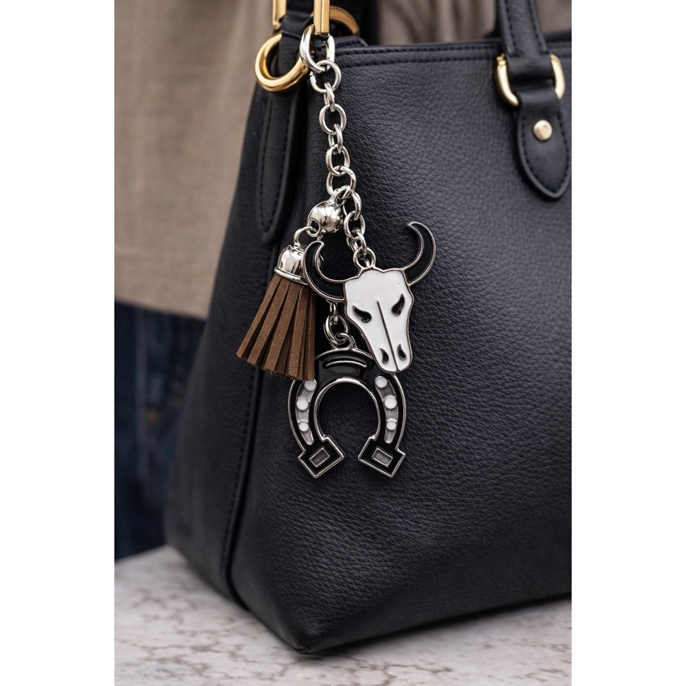 Nicole Purest Western Bull Skull Horseshoe Keychain Black Tassel Purse Bag Charm